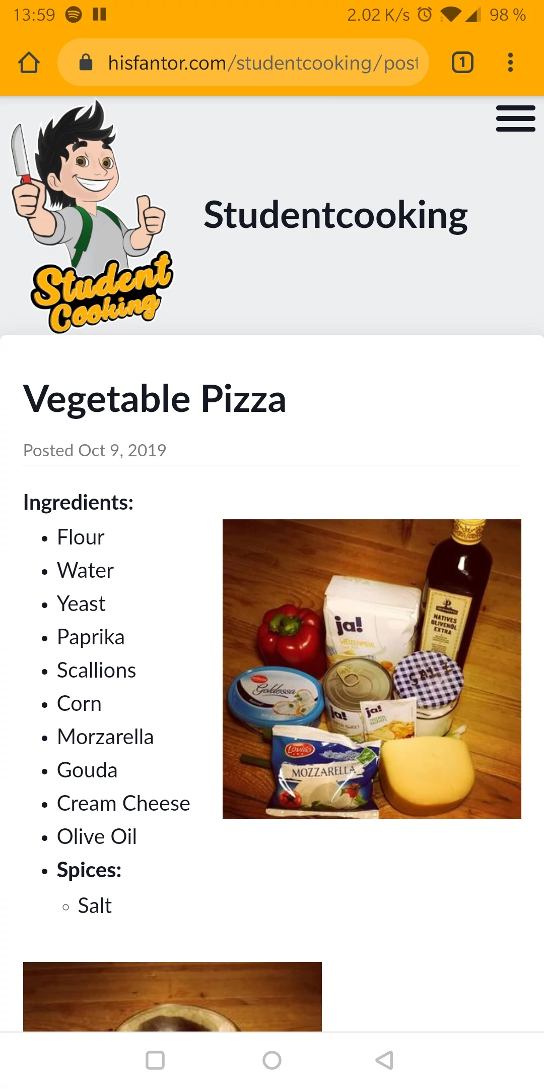 student cooking mobile website screenshot